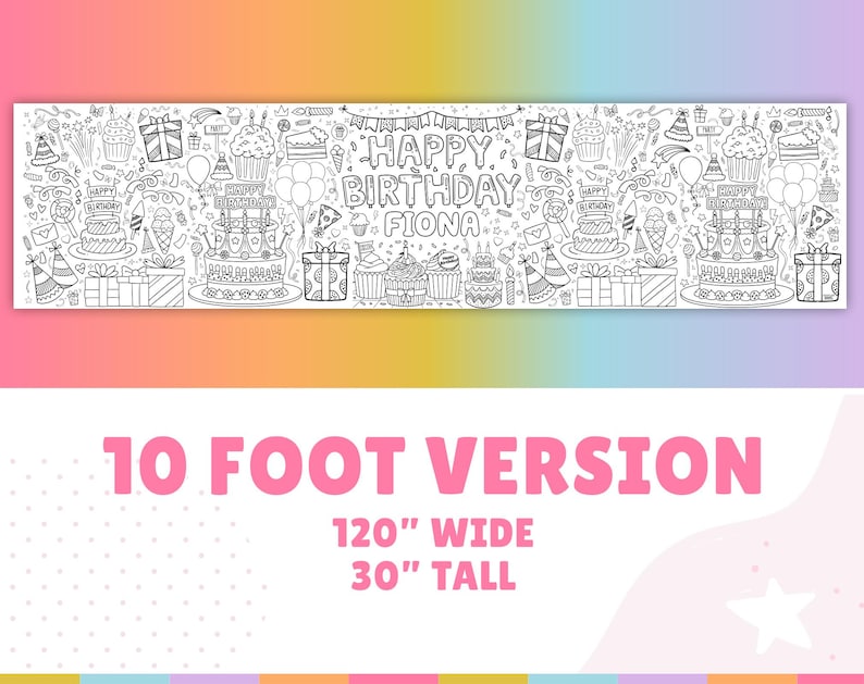 May include: A black and white printable birthday banner featuring a doodle design with a variety of birthday-themed elements, including presents, balloons, cake, and party hats. The banner reads "Happy Birthday Fiona". The banner is 120 inches wide and 30 inches tall.
