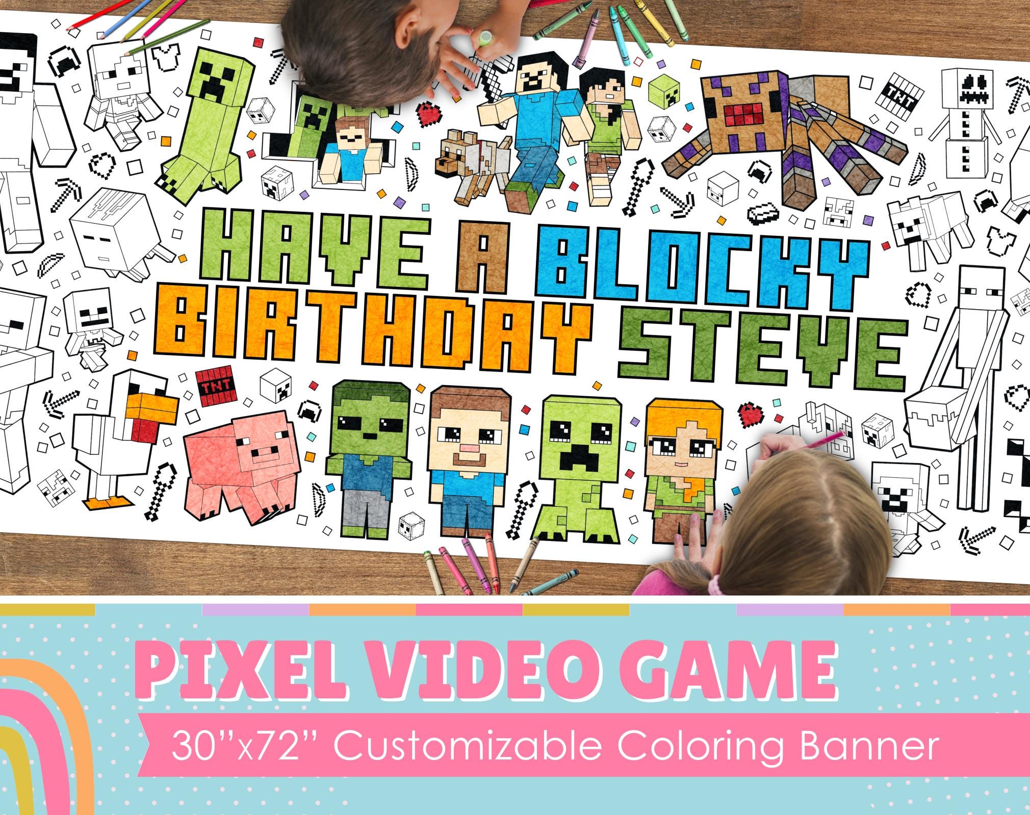 Giant CUSTOMIZABLE "Pixel Video Game" Coloring Banner | 6 Feet Long | 30" x 72" inches | Huge Table Covering to Color