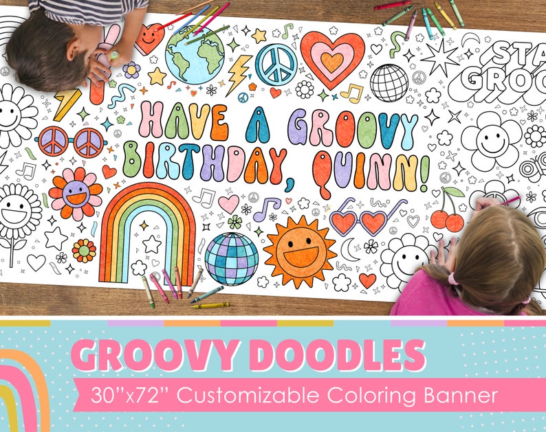 GIANT Groovy Retro 70s Birthday Party Coloring Banner Poster | Kids ...