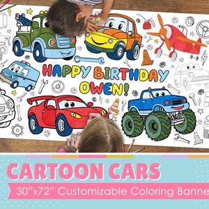 GIANT Cartoon Cars Coloring Banner | 6 Feet Long | 30" x 72" inches | Huge Table Covering to Color