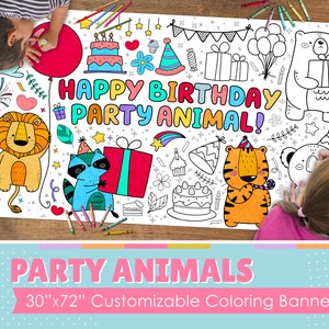 Op de afbeelding: Een grote, witte kleurbanner met een zwart-witte illustratie van dieren en feestversiering. De banner heeft de tekst "HAPPY BIRTHDAY PARTY ANIMAL!" en is 76 cm bij 183 cm.