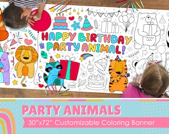 GIANT Party Animal Coloring Poster Banner | Table Cover with Custom Name | Birthday Theme Tablecloth 30" x 72" inches