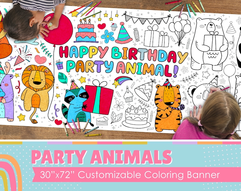 Op de afbeelding: Een grote, witte kleurbanner met een zwart-witte illustratie van dieren en feestversiering. De banner heeft de tekst "HAPPY BIRTHDAY PARTY ANIMAL!" en is 76 cm bij 183 cm.