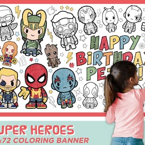 Giant CUSTOMIZABLE "Super Heroes" Coloring Banner | 6 Feet Long | 30" x 72" inches | Huge Table Covering to Color