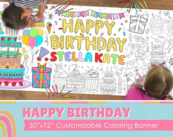 GIANT Birthday Coloring Banner or Poster Personalized | 6 Feet Long | 30" x 72" inches | Huge Tablecloth for Parties