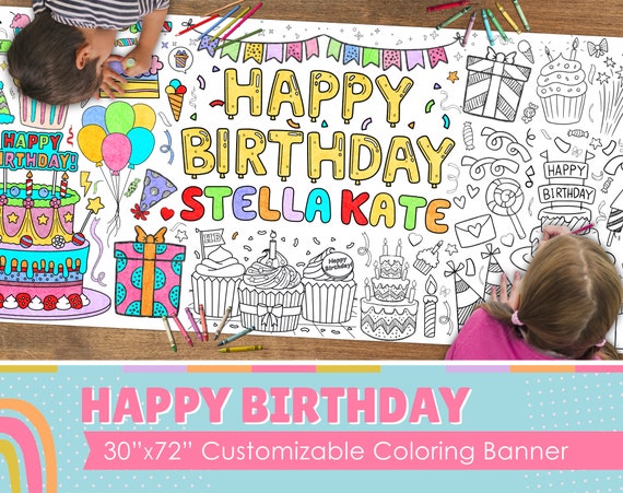GIANT Birthday Coloring Banner or Poster Personalized | 6 Feet Long | 30" x 72" inches | Huge Tablecloth for Parties