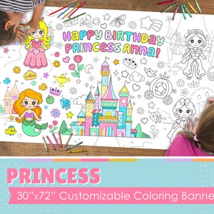 GIANT Princess Birthday Coloring Banner | CUSTOMIZABLE 6 Feet Long | 30&quot; x 72&quot; inches | Huge Tablecloth Covering to Color