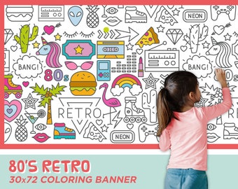 Giant CUSTOMIZABLE "80's Retro" Coloring Banner | 6 Feet Long | 30" x 72" inches | Huge Table Covering to Color