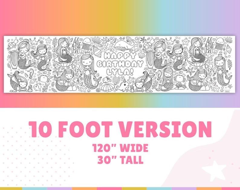 Mermaids Coloring Banner | Giant Birthday Party Tablecloth (30" x 72") 10ft