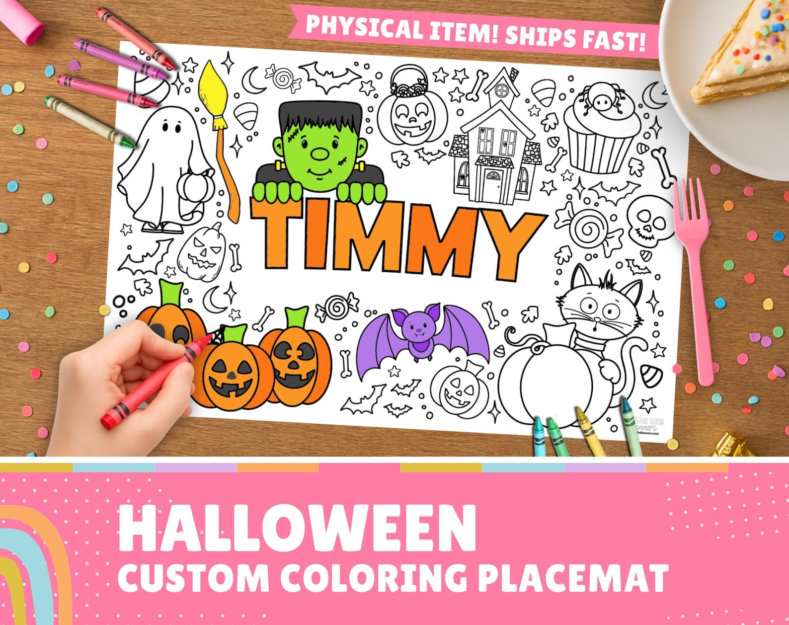 Personalized Halloween coloring placemat product preview with a large colored name.