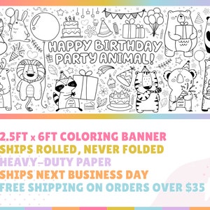 Op de afbeelding: Zwart-witte kleurbanner met verschillende dieren die feestmutsen dragen en cadeaus vasthouden. De banner zegt "Happy Birthday Party Animal!" en is 2,5 voet bij 6 voet.