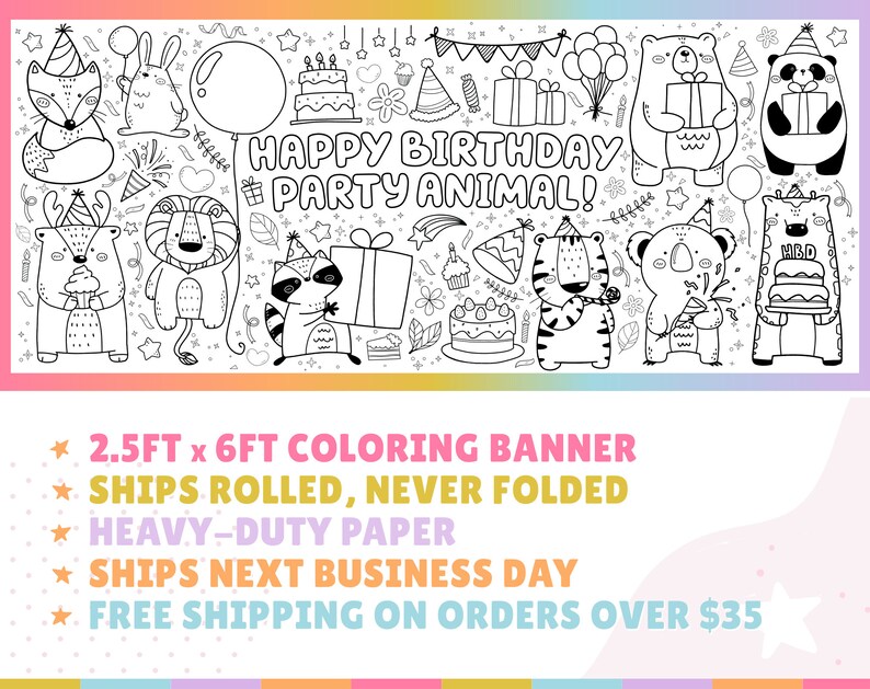 Op de afbeelding: Zwart-witte kleurbanner met verschillende dieren die feestmutsen dragen en cadeaus vasthouden. De banner zegt "Happy Birthday Party Animal!" en is 2,5 voet bij 6 voet.