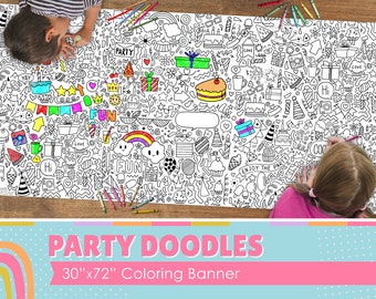 GIANT Party Doodles Coloring Banner | 6 Feet Long | 30" x 72" inches | Huge Poster Table Covering to Color