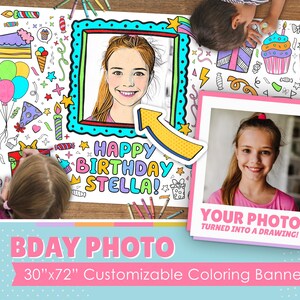 May include: A customizable coloring banner with a birthday theme. The banner features a large area for a photo to be turned into a drawing, along with a colorful birthday message that says "Happy Birthday Stella!" and other birthday-themed illustrations. The banner is 30 inches by 72 inches.