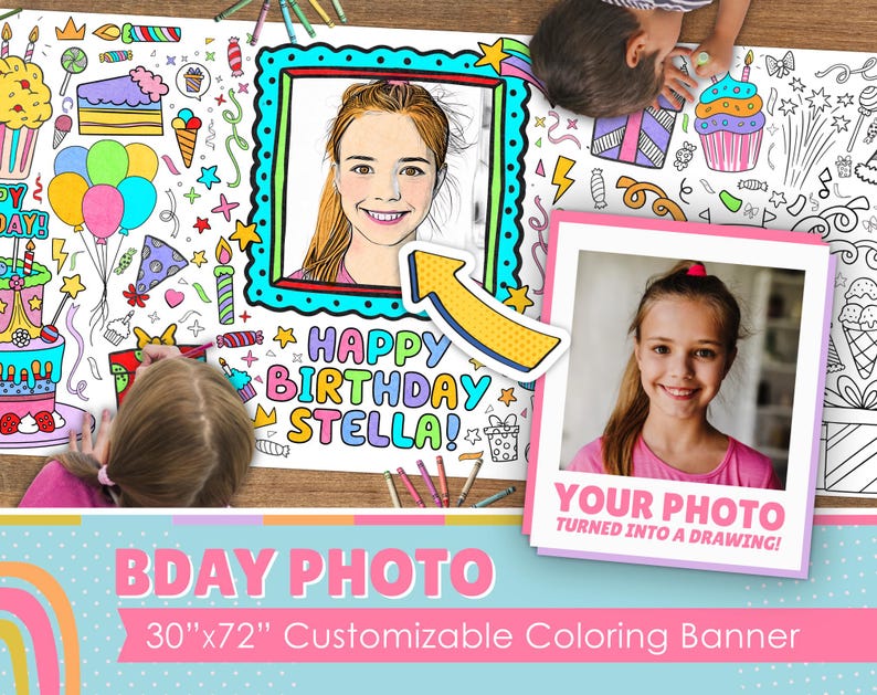 May include: A customizable coloring banner with a birthday theme. The banner features a large area for a photo to be turned into a drawing, along with a colorful birthday message that says "Happy Birthday Stella!" and other birthday-themed illustrations. The banner is 30 inches by 72 inches.