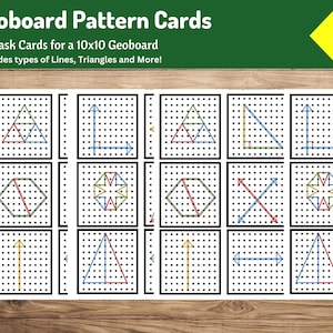 Tarjetas con patrones de geoplanos / 36 tarjetas de tareas para geoplanos de 10 x 10 / Actividad de matemáticas