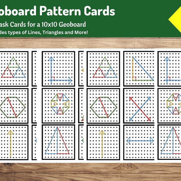 Tarjetas de patrones de geoplano / 36 tarjetas de tareas para un geoplano de 10x10 / Incluye: tipos de líneas, triángulos y más / Tarjetas de actividades matemáticas