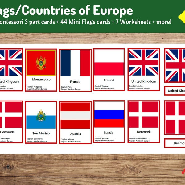 Drapeaux d'Europe | 44 cartes Montessori en trois parties + 44 mini drapeaux + 7 feuilles de travail + plus | Géographie pour les enfants | Pays et capitales européennes