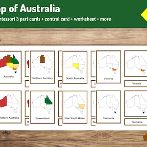 Kaart van Australië | 3-delige montessorikaarten + controlekaart + werkblad | Geografie voor kinderen