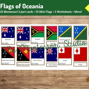 Vlaggen van Oceanië | Montessori-geografie | Landen en hoofdsteden in Oceanië | Driedelige Montessori-kaarten