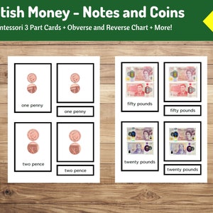 Recurso Montessori sobre billetes y monedas del Reino Unido / Tarjetas de 3 partes + gráficos de anverso y reverso