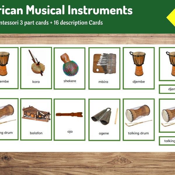 African Musical Instruments | 16 Montessori Three Part Cards + 16 Description Cards | Continent Study | Learn about Africa