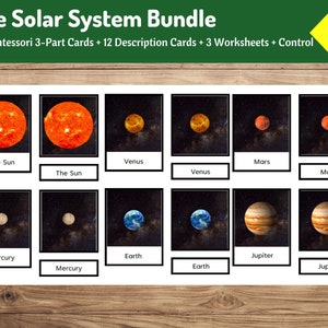 Paquete Montessori del sistema solar: tarjetas de 3 partes + tarjetas descriptivas + hojas de trabajo / tarjetas didácticas sobre los planetas / actividad espacial
