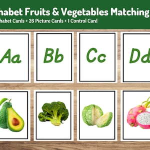May include: A set of alphabet flashcards featuring letters A through D, with corresponding images of an avocado, broccoli, cabbage, and dragon fruit. The cards are designed for educational purposes, helping children learn the alphabet and associate letters with fruits and vegetables.