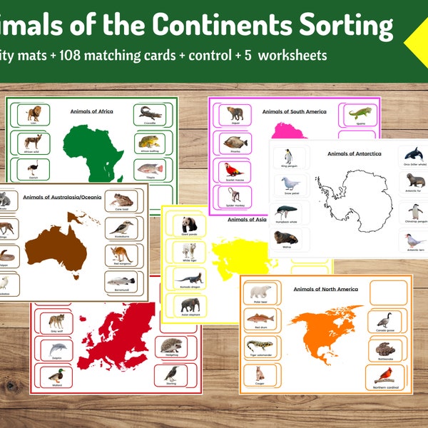 Animals of the Continents Sorting Set | 7 Continent Activity Mats + 108 Coloured & Black Outlined Sorting Cards + 5 Worksheets