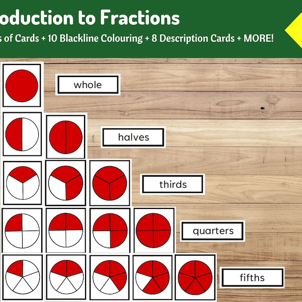 Introduction to Fractions | 55 Montessori Fraction Cards + 10 Blackline Colouring + 8 Description Cards  | Grade 1, 2, 3 | Key Stage 1, 2