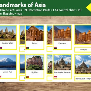 Wahrzeichen Asiens Montessori Bundle | 21 Landschaftskarten + Landkarte + Mini Flaggen Pins