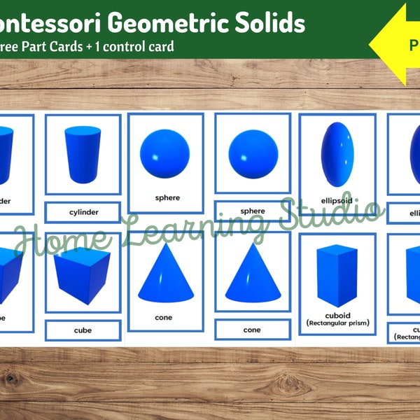 Montessori Geometric Solids | 11 Geometric Shapes | 11 Picture & Label Cards + 1 Control Card | Math for Kids