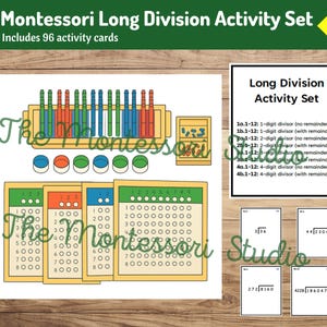 Może przedstawiać: Zestaw aktywności Montessori do dzielenia pisemnego z 96 kartami. Zestaw zawiera kolorowe pręty, liczniki i karty z zadaniami z dzielenia. Karty zawierają zadania z dzielenia z resztą i bez reszty.