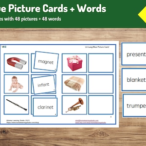 Può includere: Un set di carte con immagini blu e parole corrispondenti. Le carte mostrano immagini di una calamita, un bambino, un clarinetto, un regalo, una coperta e una tromba. Le parole sulle carte sono "calamita", "bambino", "clarinetto", "regalo", "coperta" e "tromba".