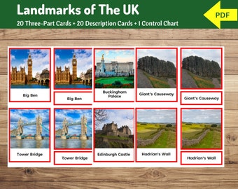 Landmarks of the United Kingdom | 20 Montessori Three Part Cards | Geography