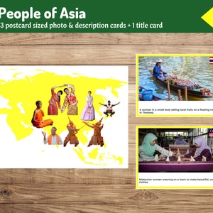Paquete Montessori de personas de Asia: tarjetas con fotos y descripciones en tamaño postal