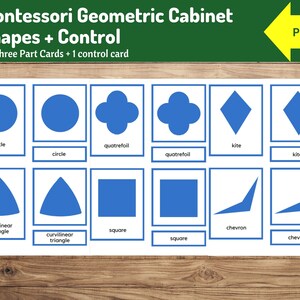 Formas geométricas del gabinete Montessori / 26 tarjetas de tres partes + 1 tarjeta de control