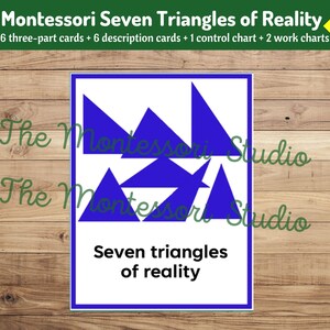 May include: A white card with a blue border features blue triangle shapes and the text "Seven triangles of reality." The top of the card reads "Montessori Seven Triangles of Reality."