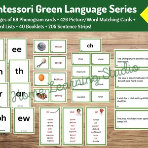 May include: Green and white Montessori language learning cards with various phonograms, words, and pictures. The cards are arranged in a grid pattern on a wooden surface. The text on the cards includes "oa", "ee", "igh", "th", "or", "ar", "ph", "ew", "ch", "moon", "scoop", "balloon", "asleep", "ai", "aw", "ur", "yown", "spawn", "raw", "lawn", "squawk", "brow", "thaw", "crawl", "chain", "grain", "afraid", "aim", "faith", "contain", "sprain", "explain", "chop", "chunk", "chipmunk", "belch", "drench", "checklist", "ranch", "turban", "unn", "concur", "disturb", "surfboard", "burn", "fur", "hurdle".