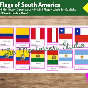 Flags of South America | 3-Part Cards | Montessori Geography | South America Countries and Capitals