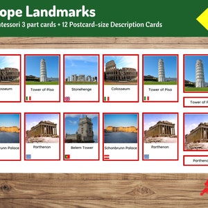 Monuments d'Europe | Cartes Montessori en trois parties + fiches descriptives de la taille d'une carte postale | Géographie