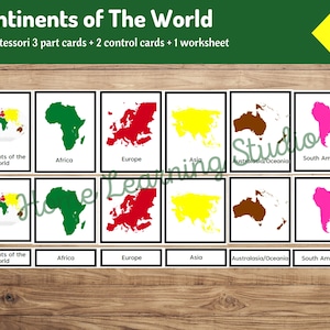 Juego de tarjetas Montessori de 3 partes sobre los continentes del mundo / Aprendizaje de geografía