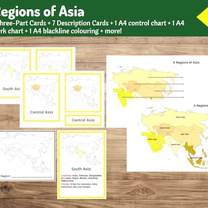 Paquete Montessori de regiones de Asia: subregiones, tarjetas de 3 partes y hojas de trabajo