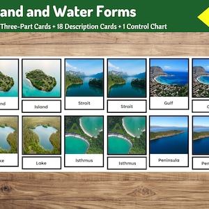 Formas de la tierra y el agua / Tarjetas Montessori de tres partes + descripciones / Geografía