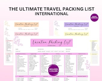 May include: A printable pink and purple checklist for packing for an international vacation. The checklist includes categories for documents and money, luggage and bags, hand carry, clothing, toiletries, health and first aid, and destination specific items. The checklist also includes a section for electronics, accessories, makeup, shoes, and miscellaneous items. The checklist is titled "Vacation Packing List International" and includes the text "Includes 5 Colors".