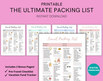Travel Packing List: Pre-filled Checklist, Vacation Planner (PDF Printable)