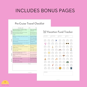 May include: A printable checklist and tracker for planning a cruise vacation. The checklist includes sections for documents, travel, home care, others, and security. The tracker has a grid with icons for suitcases, airplanes, sunglasses, bikinis, and more. The text "Pre-Cruise Travel Checklist" and "Vacation Fund Tracker" is included.