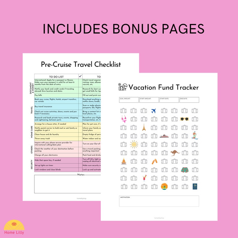 May include: A printable checklist and tracker for planning a cruise vacation. The checklist includes sections for documents, travel, home care, others, and security. The tracker has a grid with icons for suitcases, airplanes, sunglasses, bikinis, and more. The text "Pre-Cruise Travel Checklist" and "Vacation Fund Tracker" is included.