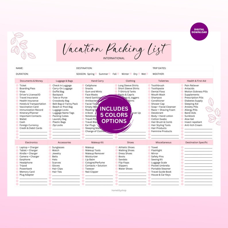 Travel Packing List Checklist: Vacation Planner (printable) - Etsy