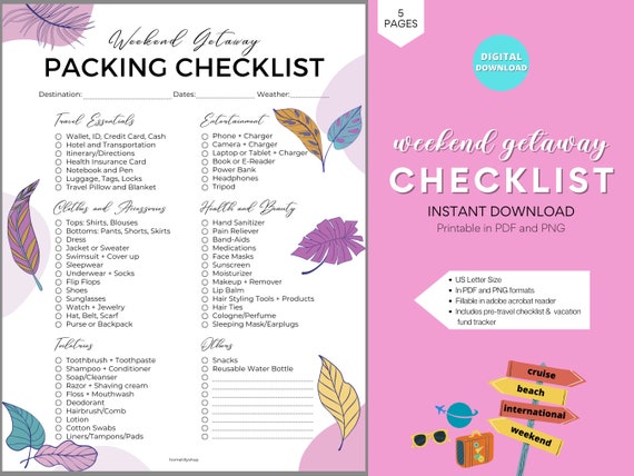 Packing List Printable Travel Packing Checklist Weekend Getaway